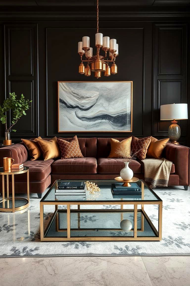A Modern Vibe with Metallic Touches - 25 Dark Brown Couch Living Room Ideas