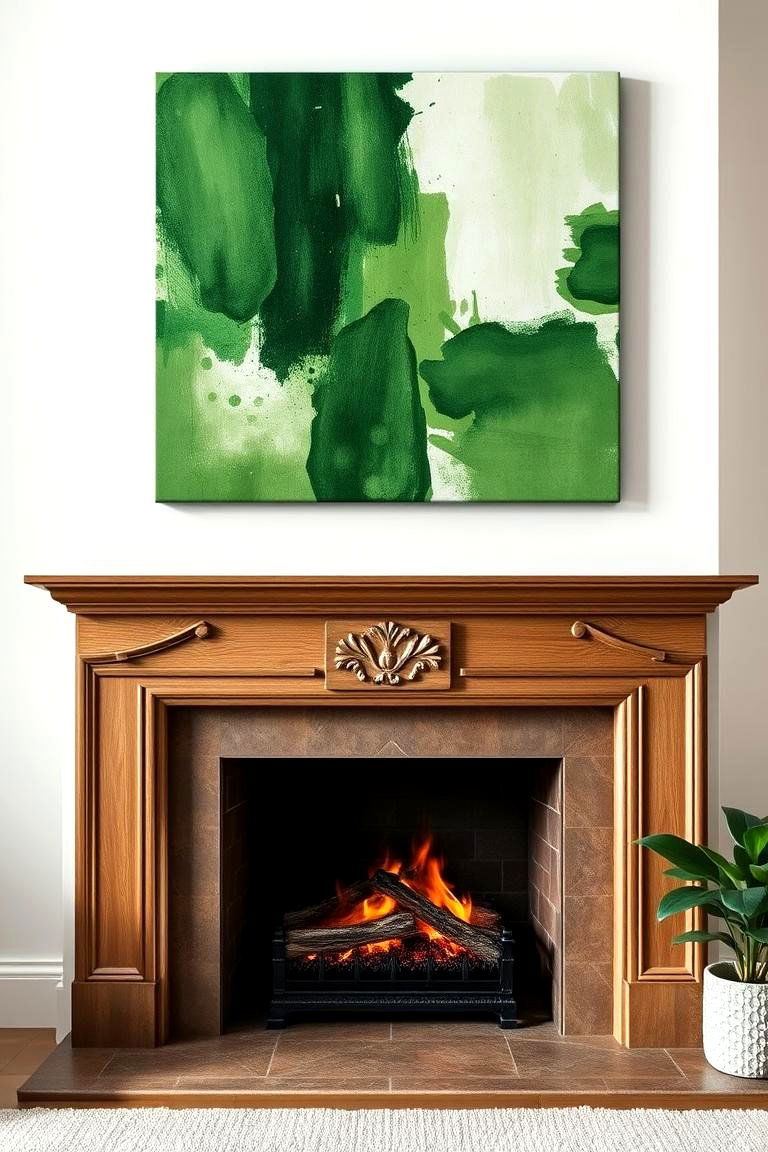 Abstract Green Canvas Above Fireplace - 25 Green Fireplace Ideas