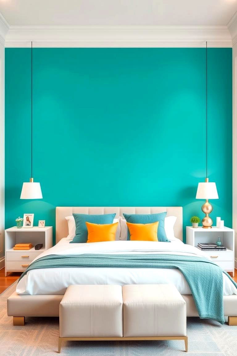 Accent Wall in Bold Turquoise - 25 Turquoise Bedroom Ideas