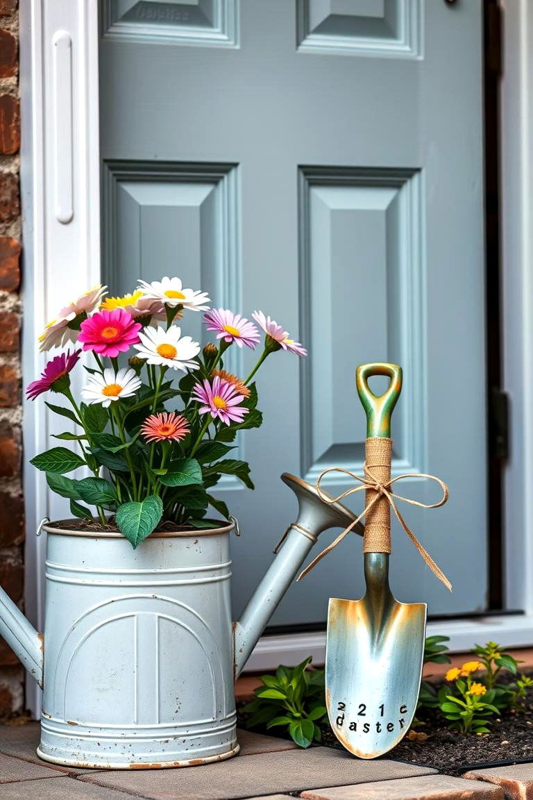 Add Decorative Garden Tools - 25 Spring Front Door Decor Ideas
