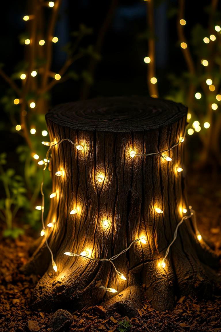 Add Fairy Lights to a Tree Stump - 25 Tree Stump Decorating Ideas