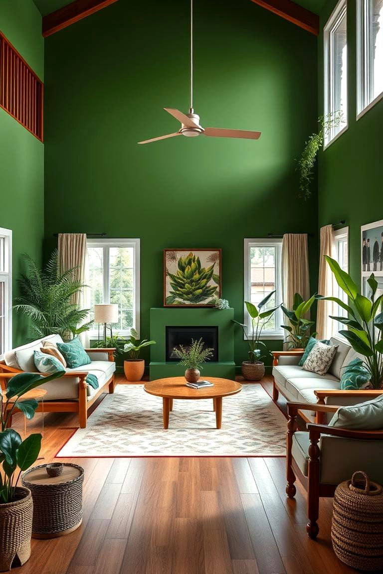 Add Natural Elements with Wood and Plants - 25 Forest Green Living Room Ideas
