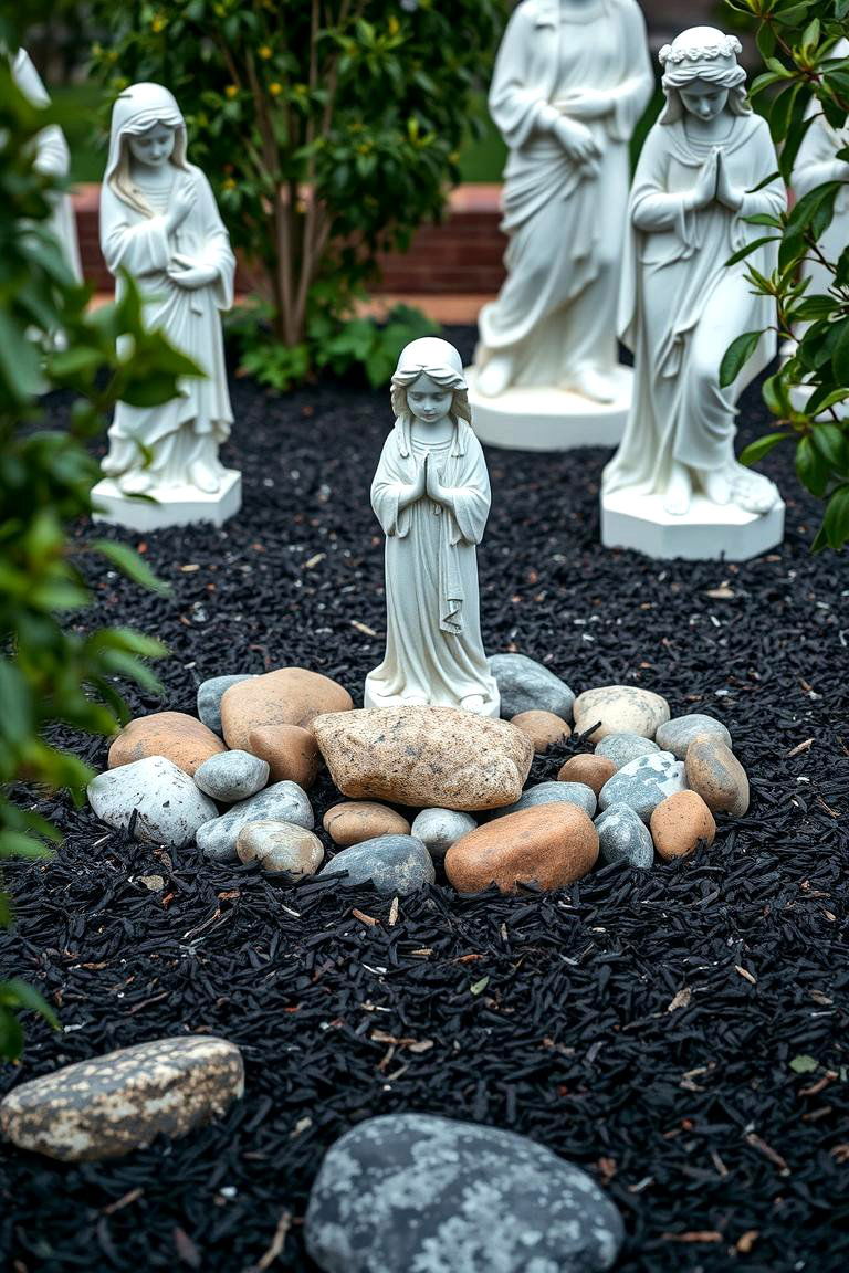 Add Rocks and Mulch to Frame Outdoor Statues - 25 Front Yard Landscaping Ideas With Rocks and Mulch