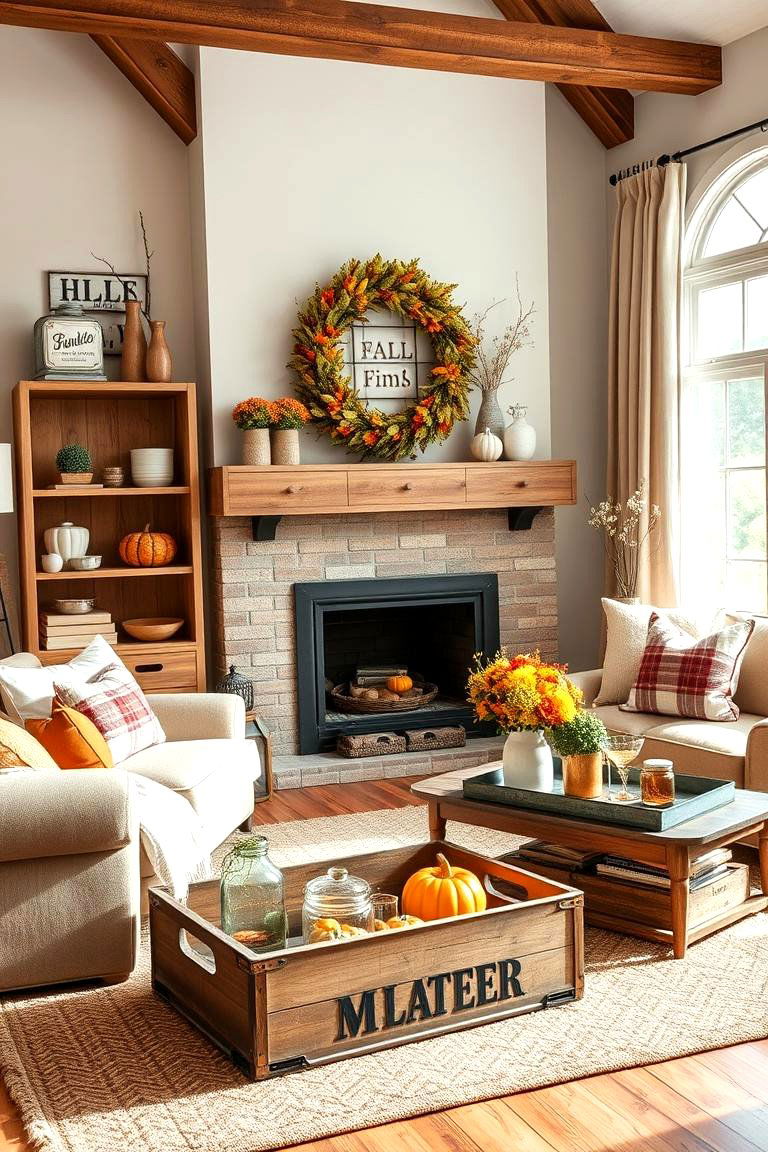 Add Rustic Farmhouse Accents - 25 Fall Living Room Ideas