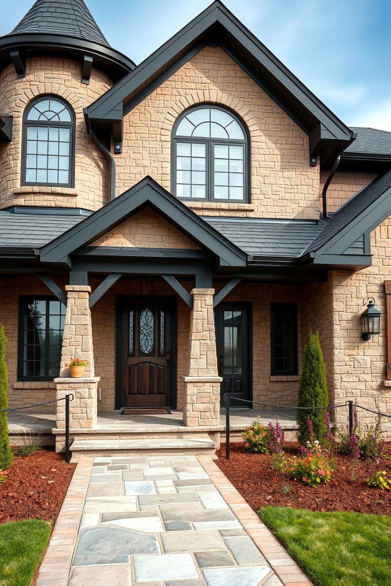 Add Texture with Stone Accents - 25 Exterior Home with a Black Roof Ideas