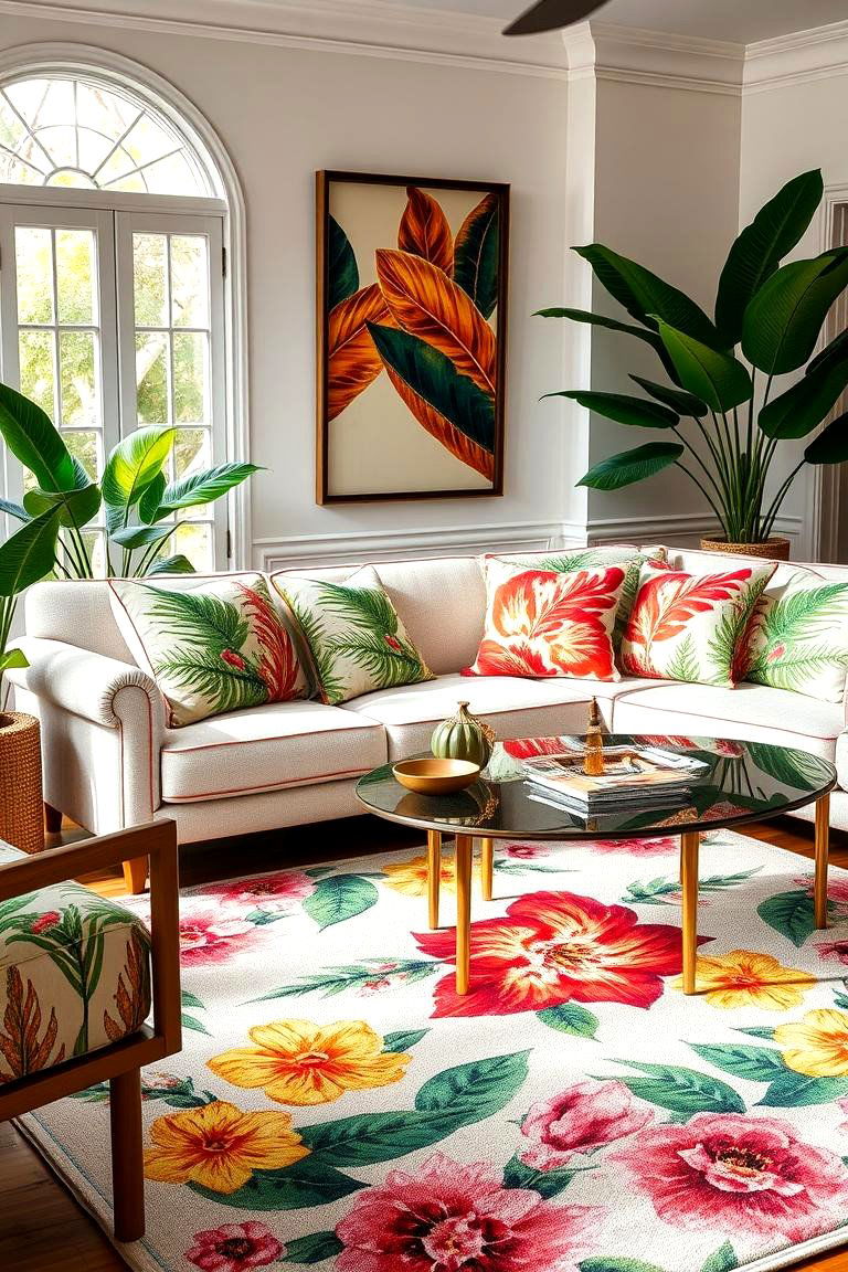 Add Tropical Print Textiles - 25 Tropical Living Room Ideas