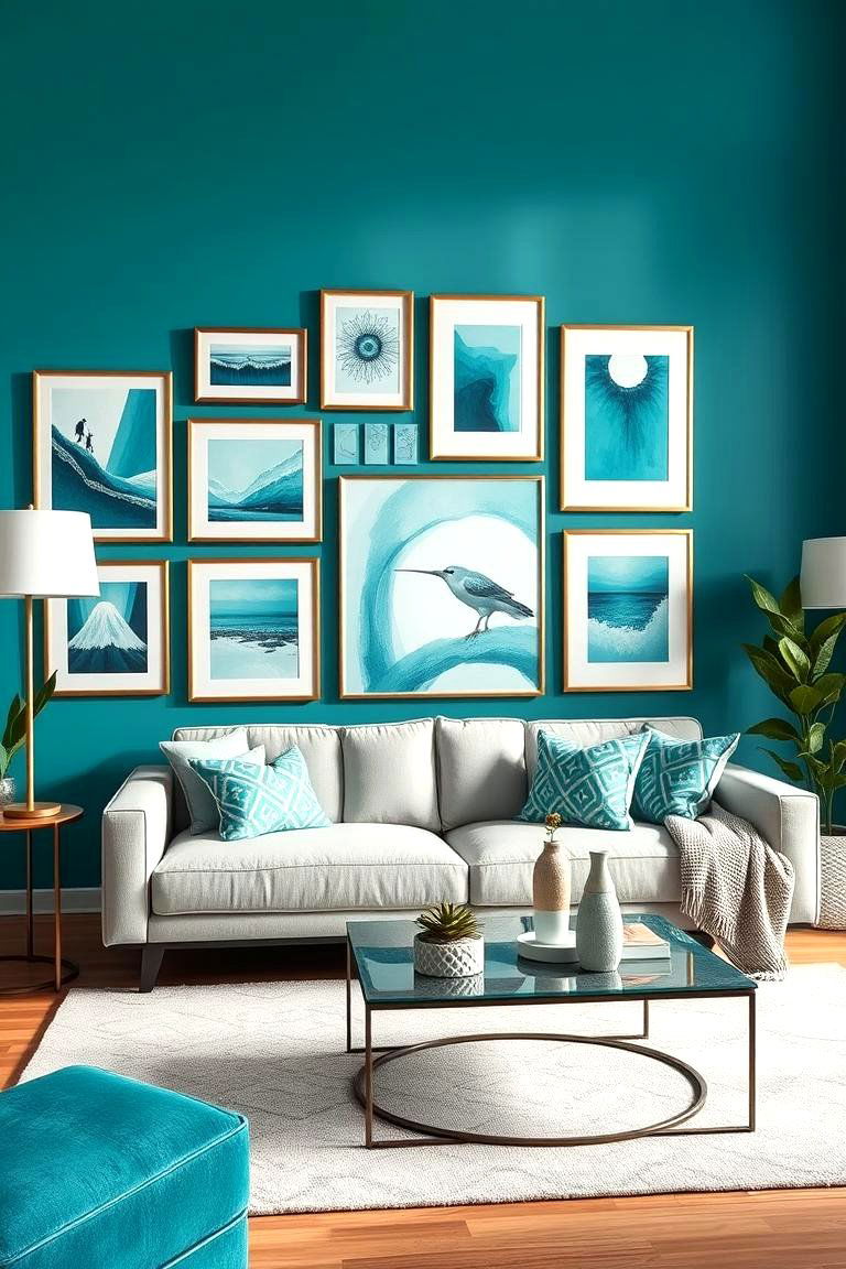 Add Turquoise with a Gallery Wall - 25 Turquoise Living Room Ideas