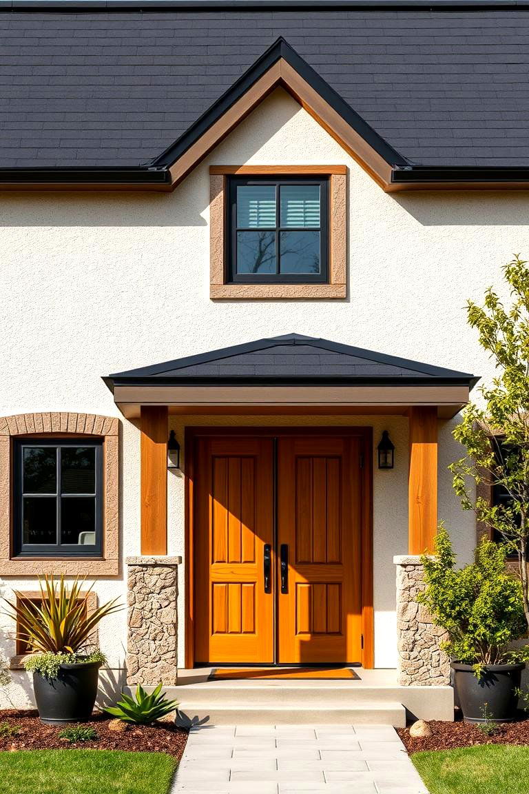 Add Warmth with Natural Wood Accents - 25 Exterior Home with a Black Roof Ideas