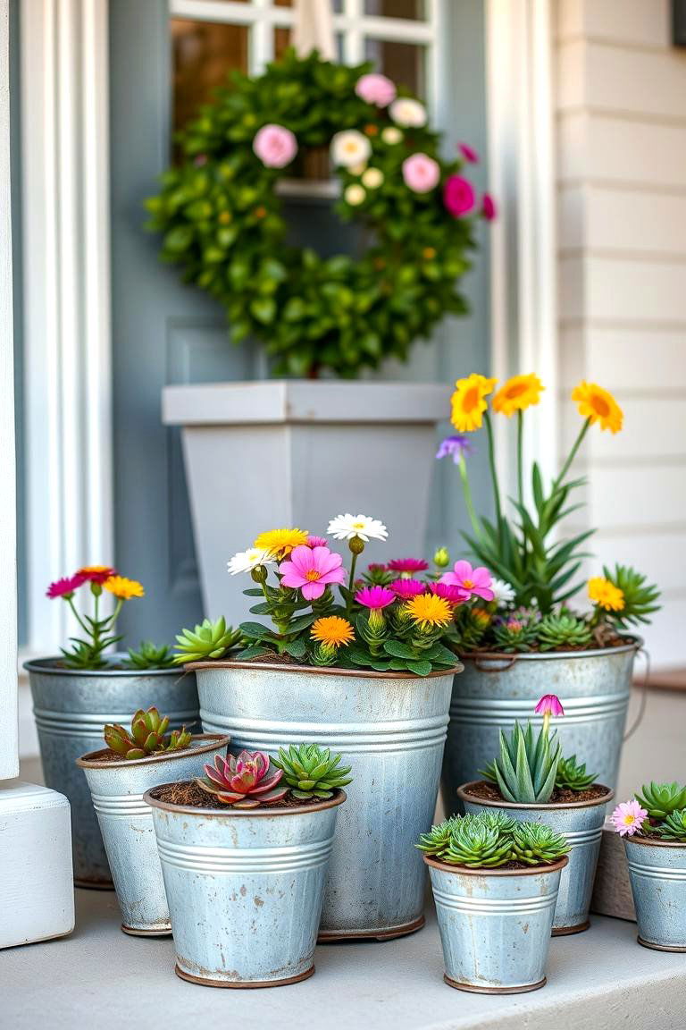 Add a Collection of Small Pails - 25 Spring Front Door Decor Ideas