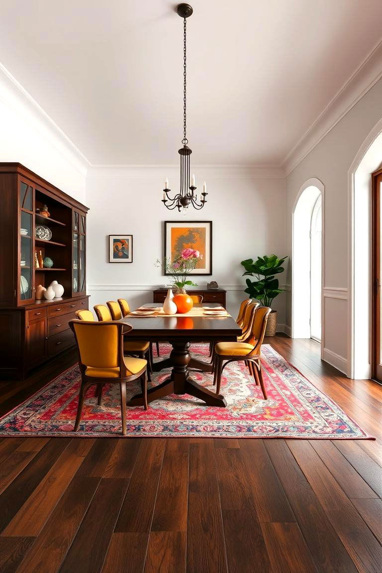 Add a Pop of Color with Rugs - 25 dark wood floor dining room ideas