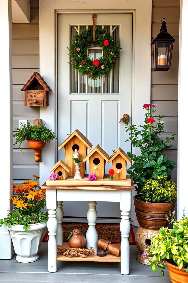 Add a Rustic Birdhouse Display - 25 Spring Front Door Decor Ideas