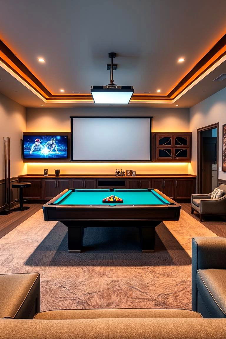 Add a TV or Projector for Multi Use Fun - 25 Pool Table Room Ideas