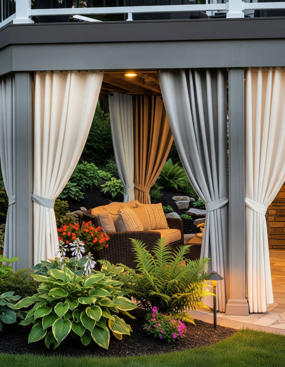 Adding Outdoor Curtains for Ambiance and Privacy Under Deck Landscaping Ideas