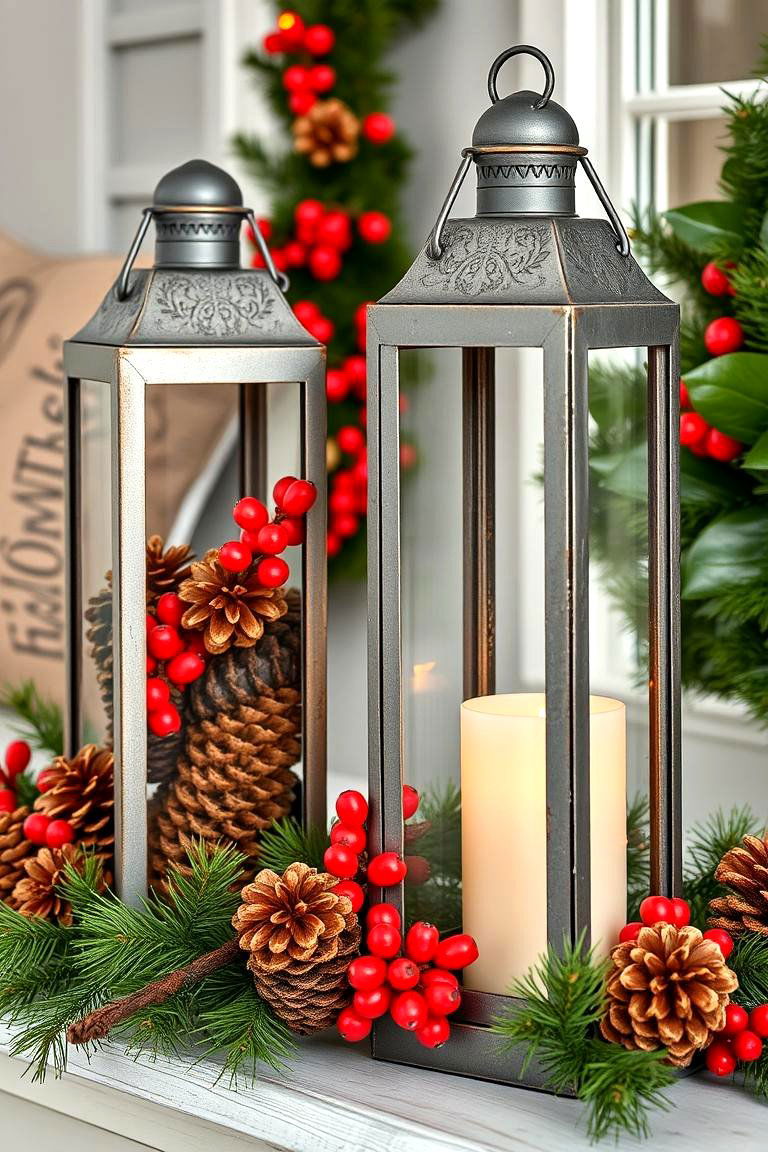 Adding Pinecones and Berries - 25 Lantern Centerpiece Ideas
