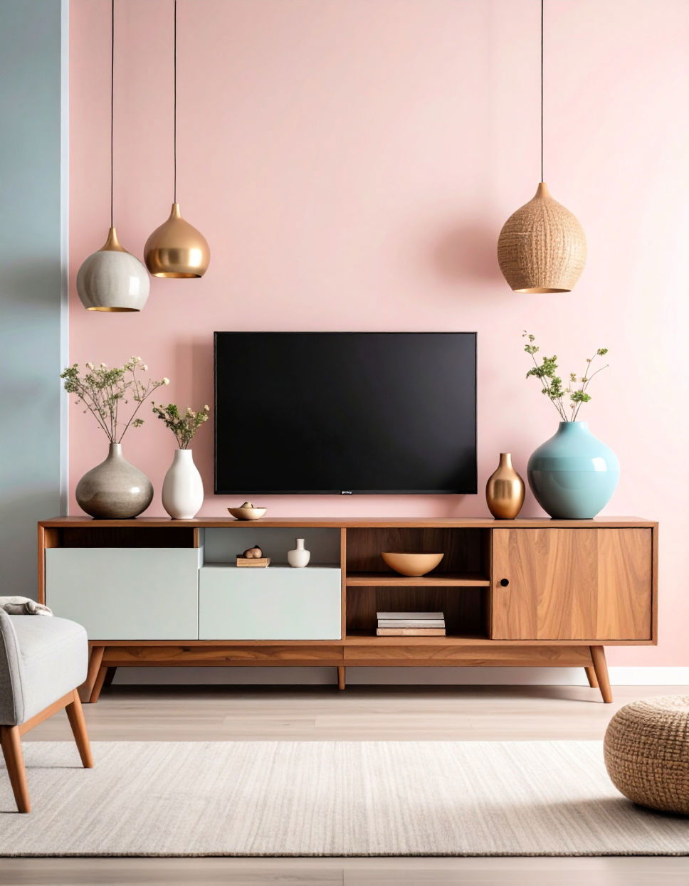 Adding Unique Sculptural Objects for Artistic Flair Tv Console Decor Ideas