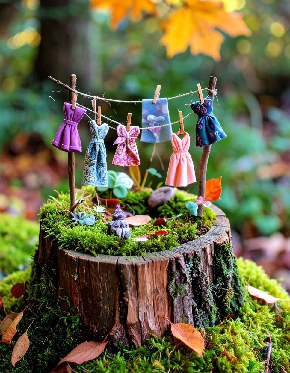 Adding a Miniature Clothesline with Tiny Garments Tree Stump Fairy Garden Ideas