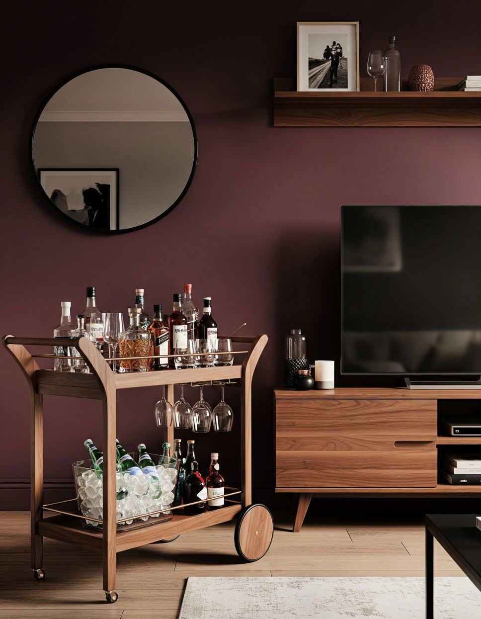 Adding a Small Bar Cart for Entertainment Access Tv Console Decor Ideas