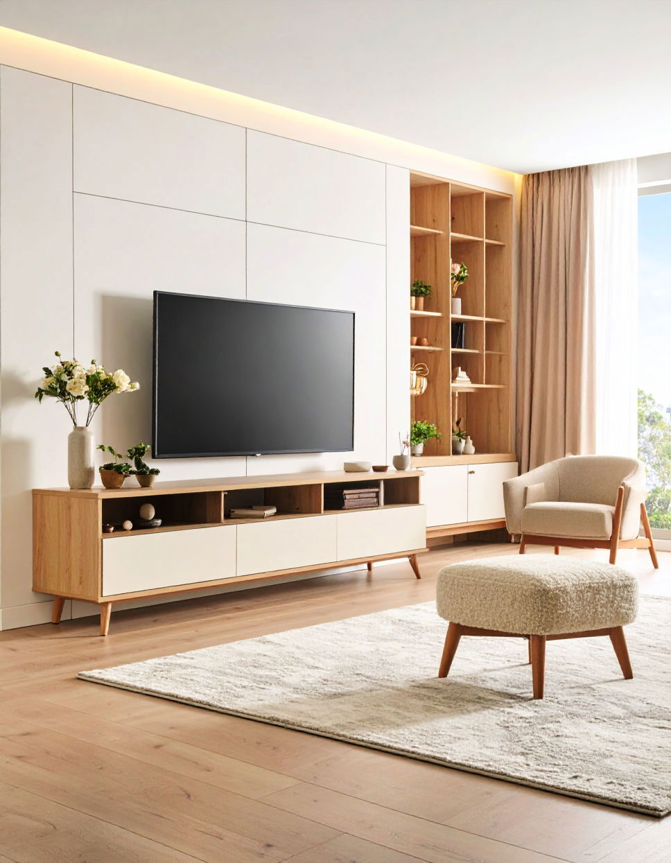Adding a Small Stool or Ottoman for Flexible Seating Tv Console Decor Ideas