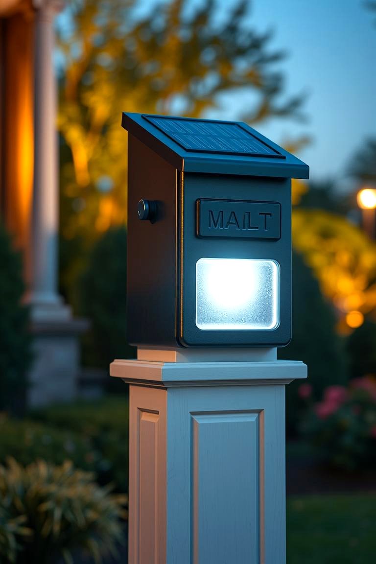 Adding a Solar Powered Light for Evening Visibility - 25 Mailbox Post Ideas