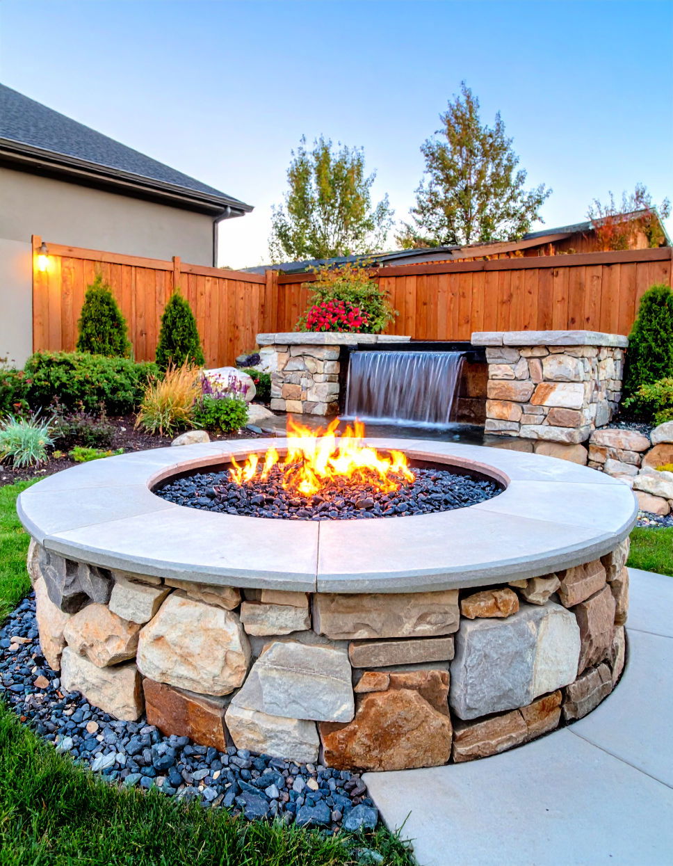 Adorable Flagstone Fire Pit with Water Feature