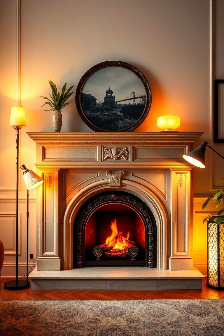 Ambient Floor Lamps Nearby - 25 Fireplace Mantel Lighting Ideas