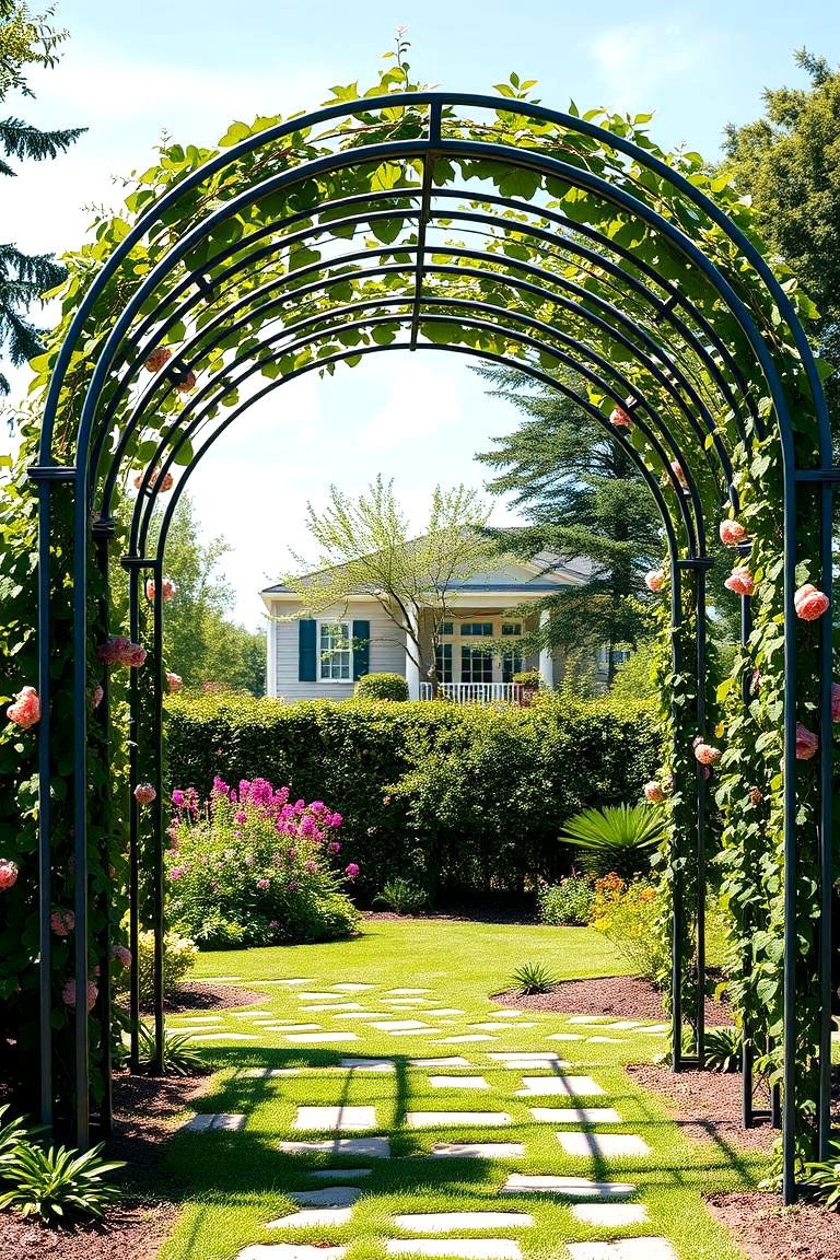 Arching Metal Trellis for Graceful Curves - 25 Garden Trellis Ideas