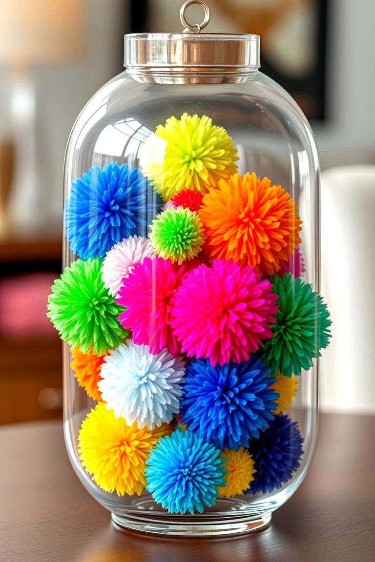 Arranging Colorful Pom Poms - 25 Lantern Centerpiece Ideas