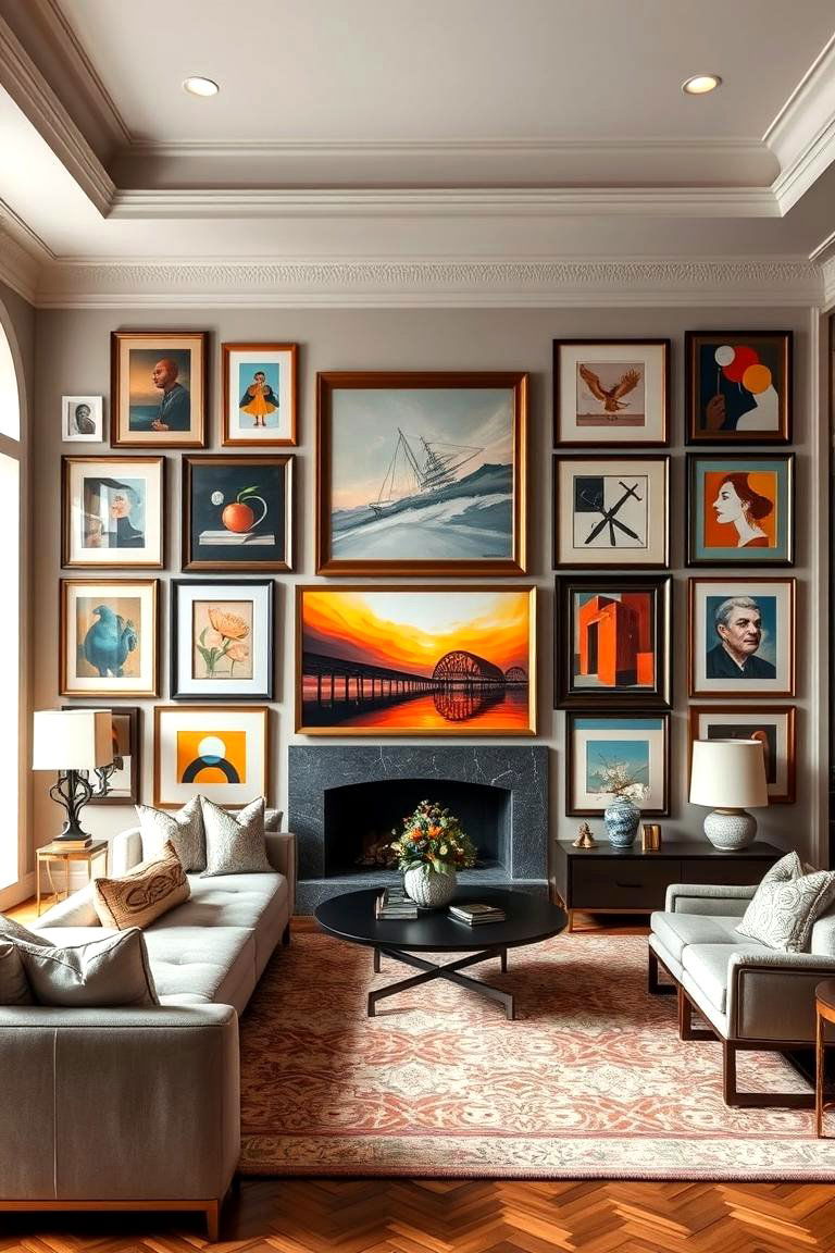 Art Gallery Wall for Personal Expression - 25 Mansion Living Room Ideas