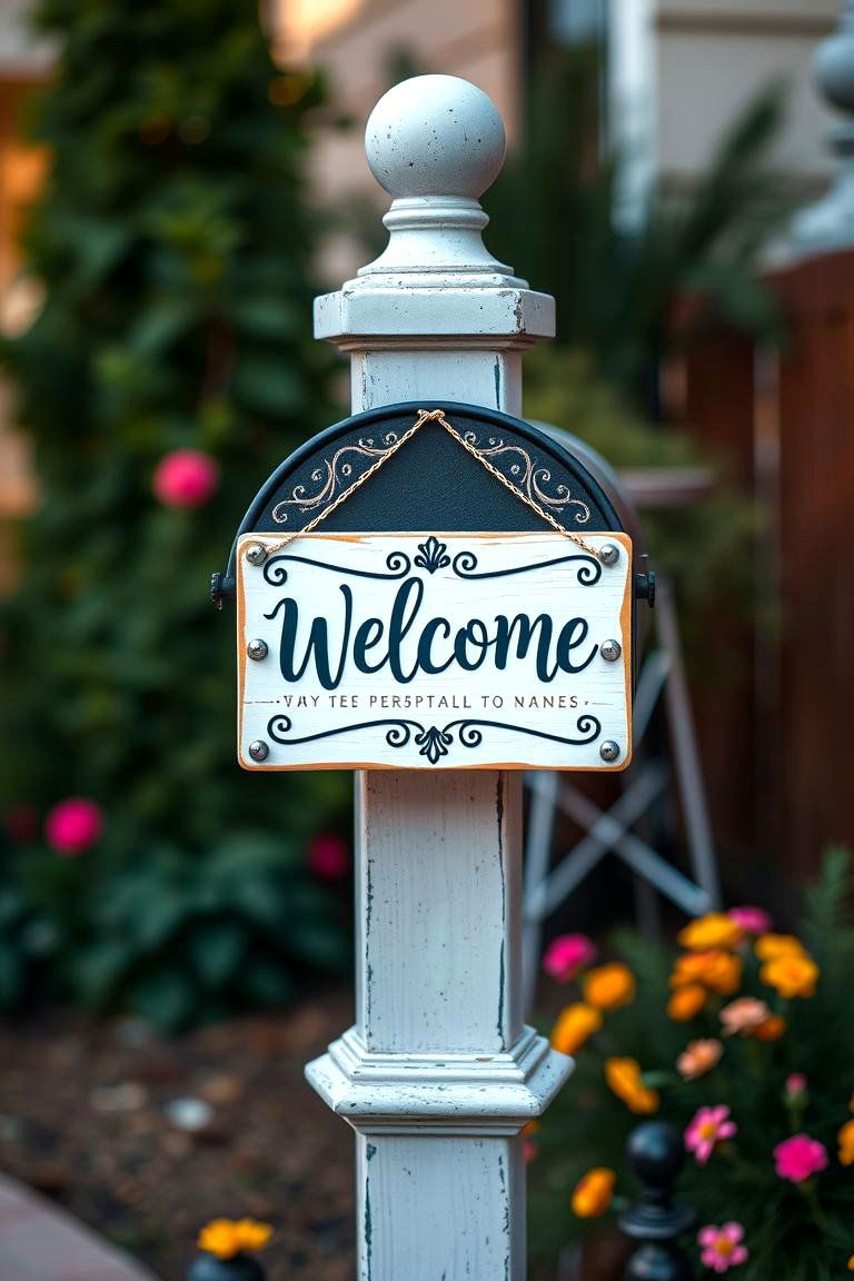 Attaching a Small Sign with a Welcome Message - 25 Mailbox Post Ideas