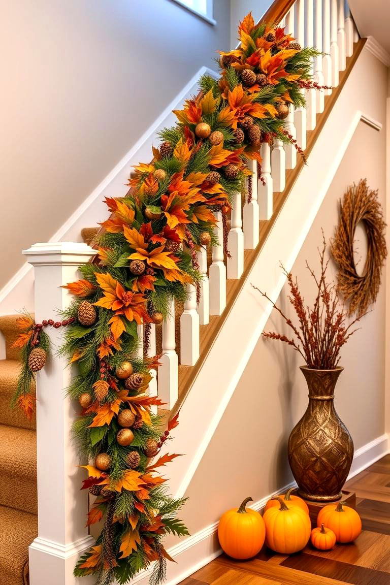 Autumn Garland for Staircase Railings - 25 Thanksgiving Decor Ideas
