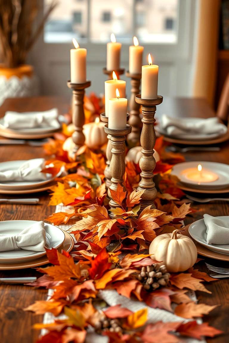 Autumn Leaf Runner with Wooden Candles - 25 Thanksgiving Centerpiece Ideas