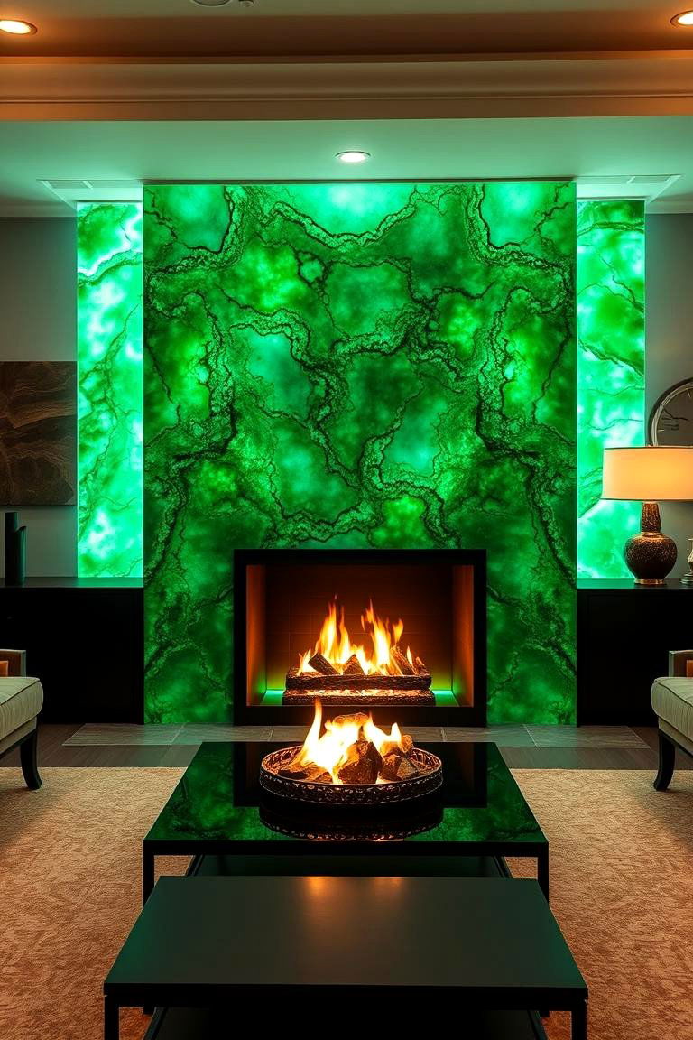 Backlit Green Onyx Fireplace Surround - 25 Green Fireplace Ideas