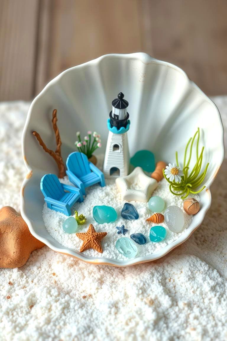 Beach Themed Fairy Garden in a Shell - 25 Fairy Garden Container Ideas