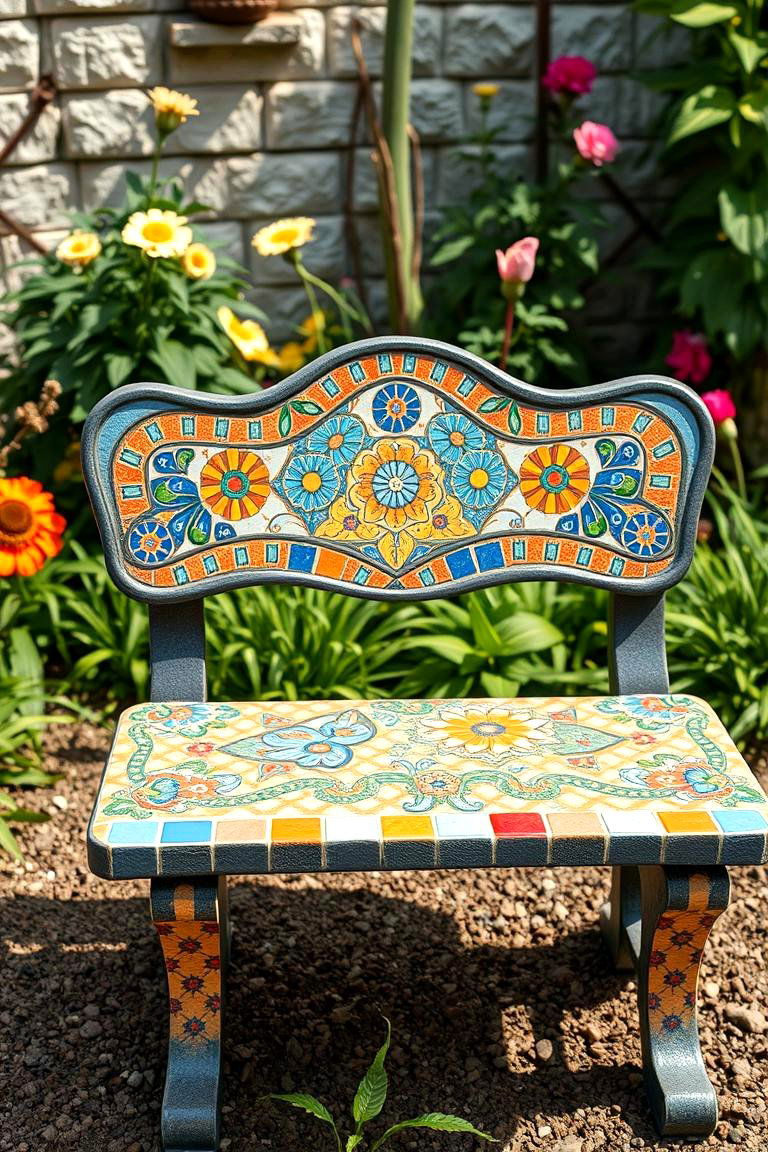 Bench with Mosaic Tiles for Artistic Flair - 25 Garden Bench Ideas