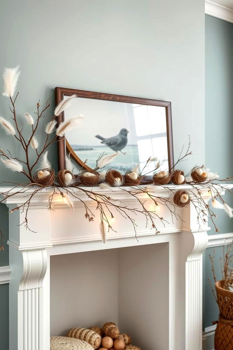 Bird Themed Garland with Nests and Feathers - 25 Mantel Garland Ideas