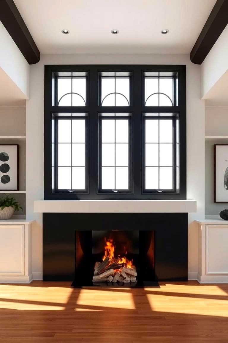 Black Framed Fireplace with Light Windows - 25 Fireplace Between Windows Ideas