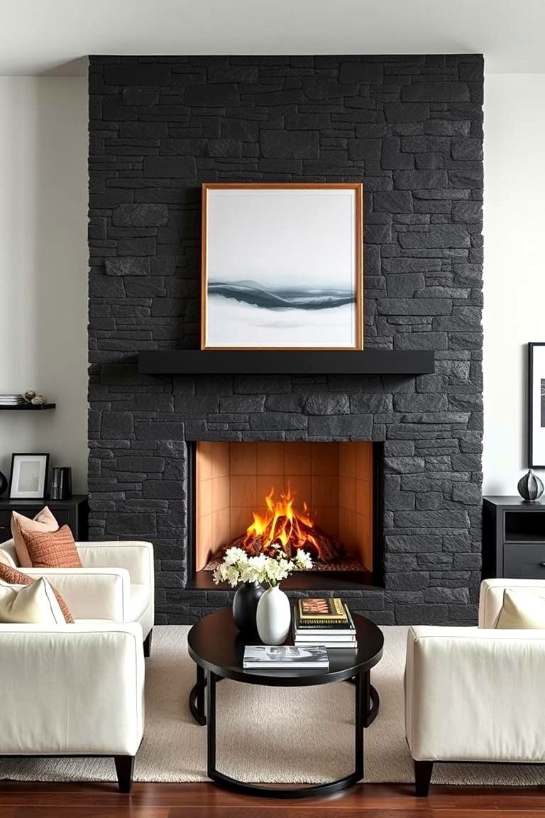 Black Stone Fireplace for a Bold Sophisticated Look - 25 Floor-to-Ceiling Stone Fireplace Ideas