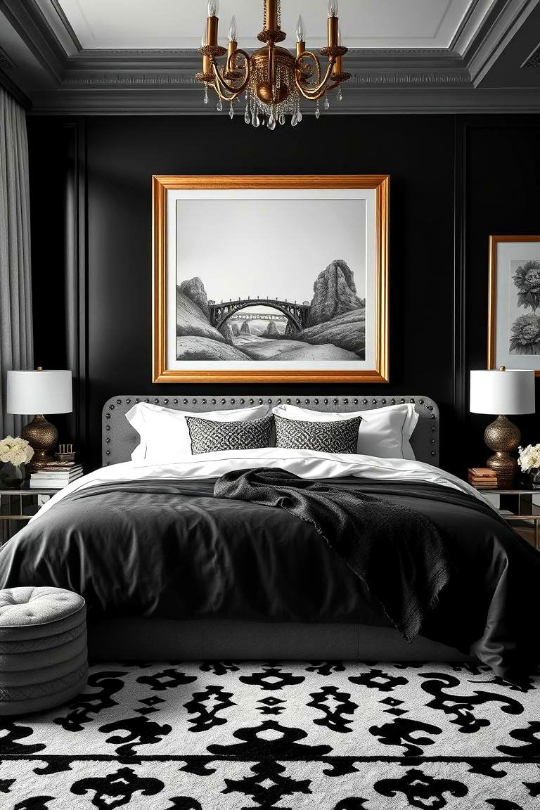 Black and White Accent Art with Metallic Frames - 25 Feminine Black and White Bedroom Ideas