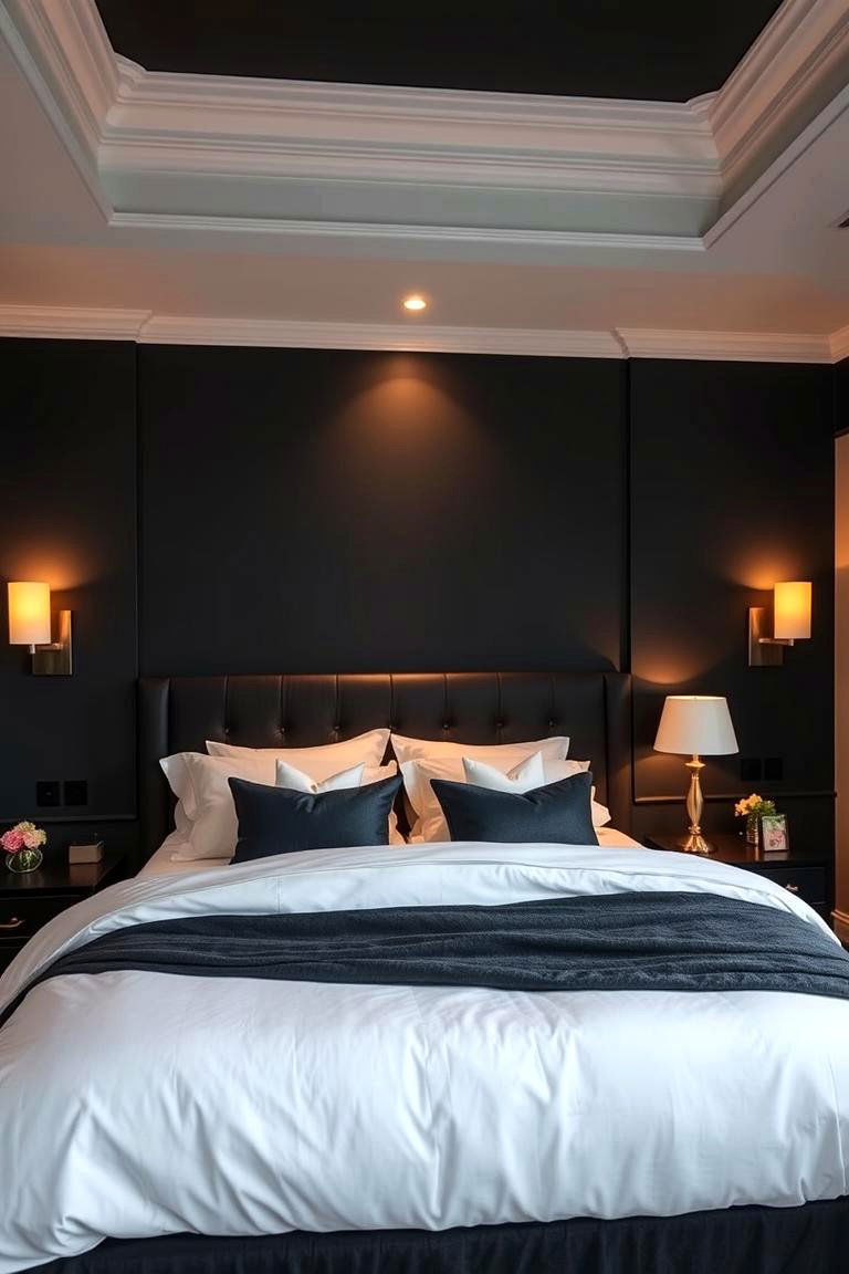 Black and White Accent Walls with Soft Lighting - 25 Feminine Black and White Bedroom Ideas