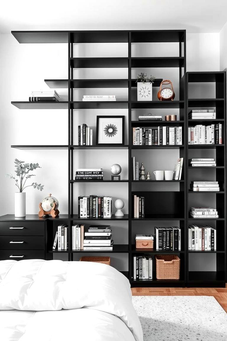 Black and White Bookcases - 25 Feminine Black and White Bedroom Ideas