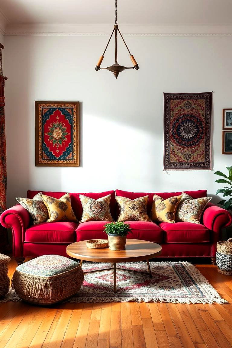 Blend with Bohemian Accessories - 25 Burgundy Sofa Living Room Ideas