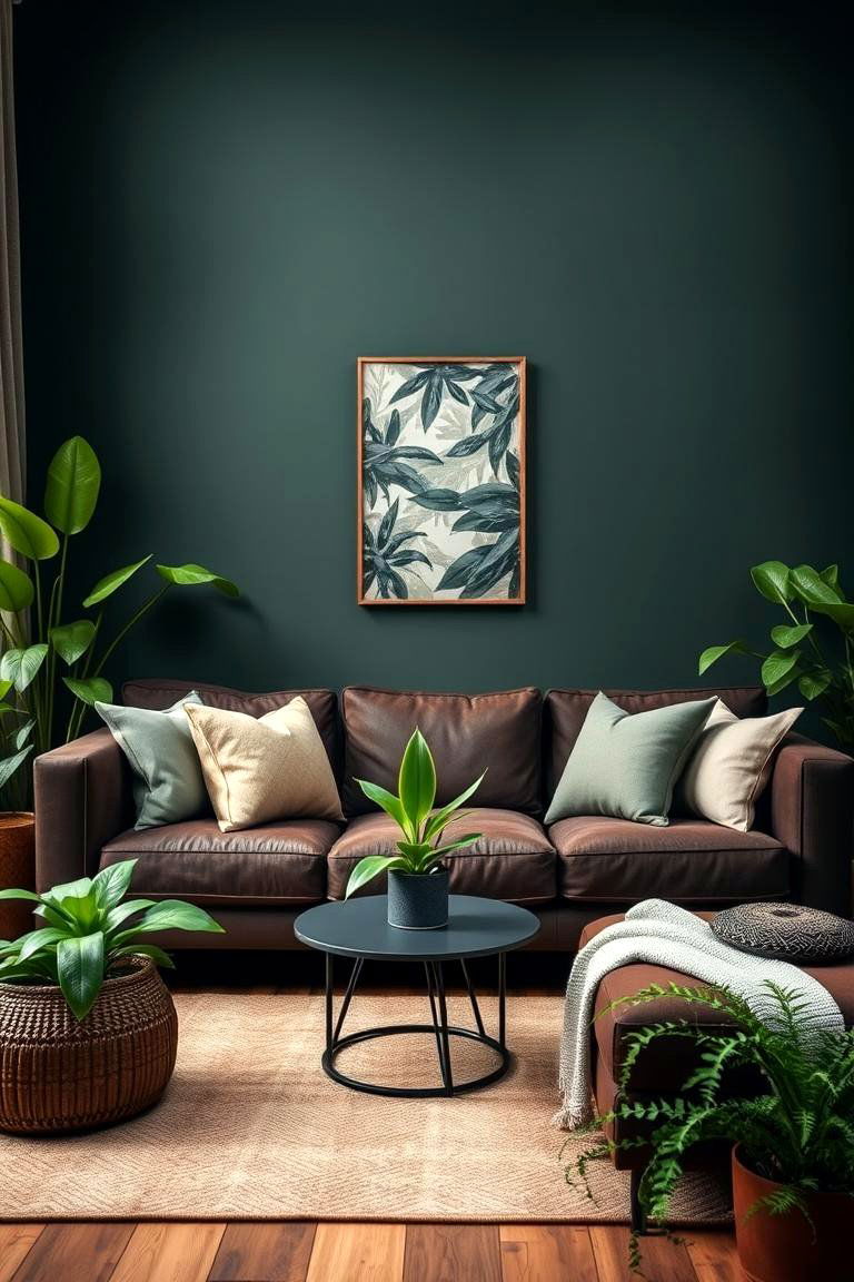 Blend with Nature with Greenery and Plants - 25 Dark Brown Couch Living Room Ideas