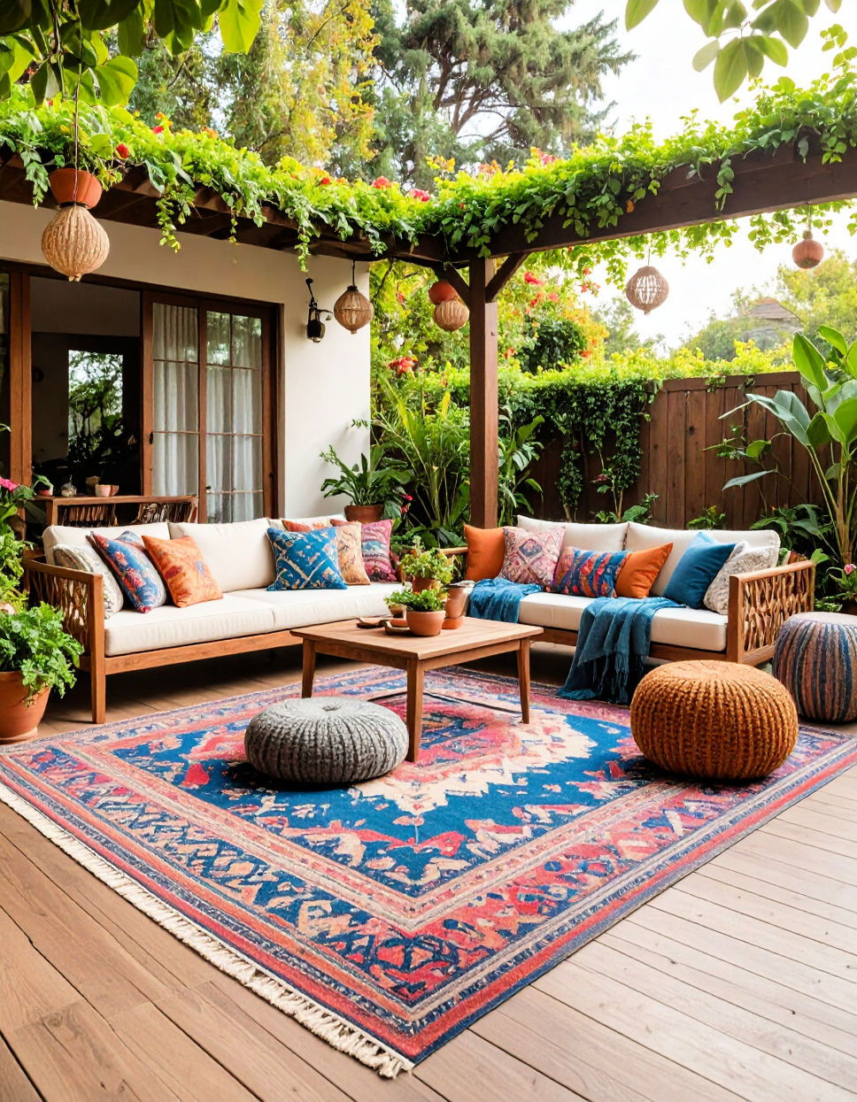 Bohemian Style Patio with Cozy Rugs and Poufs