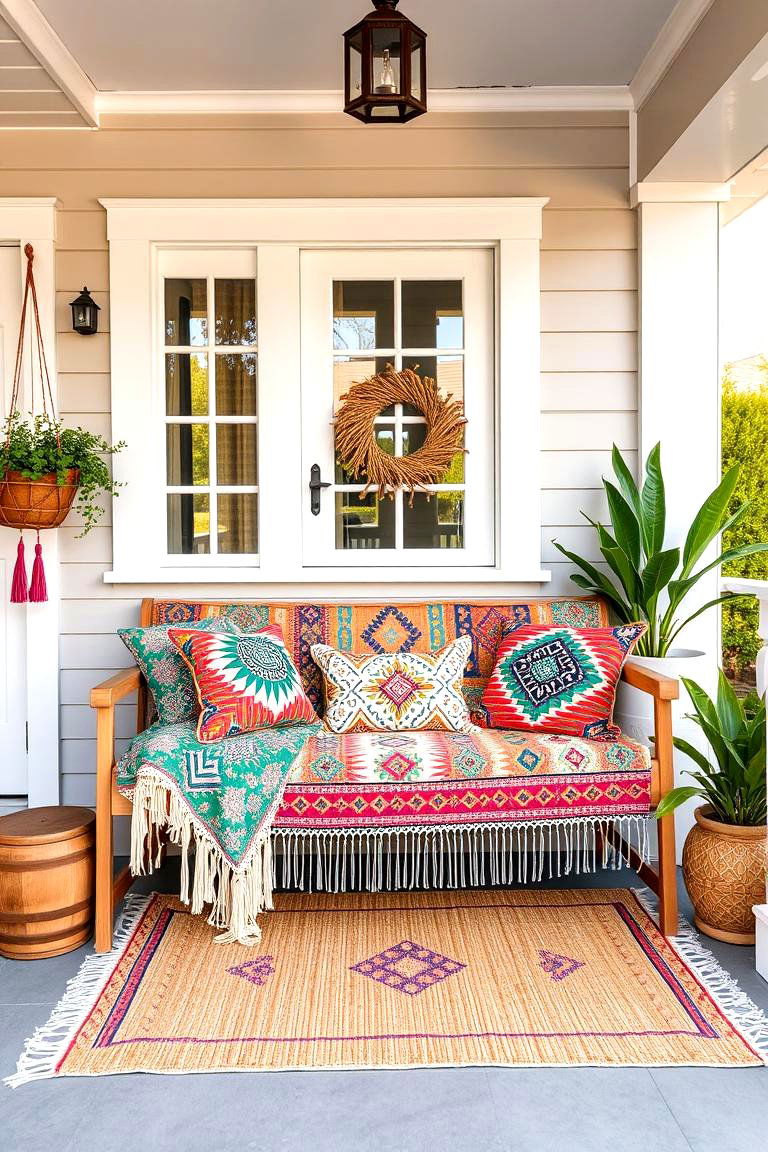 Boho Bench for Eclectic Charm - 25 Front Porch Bench Ideas