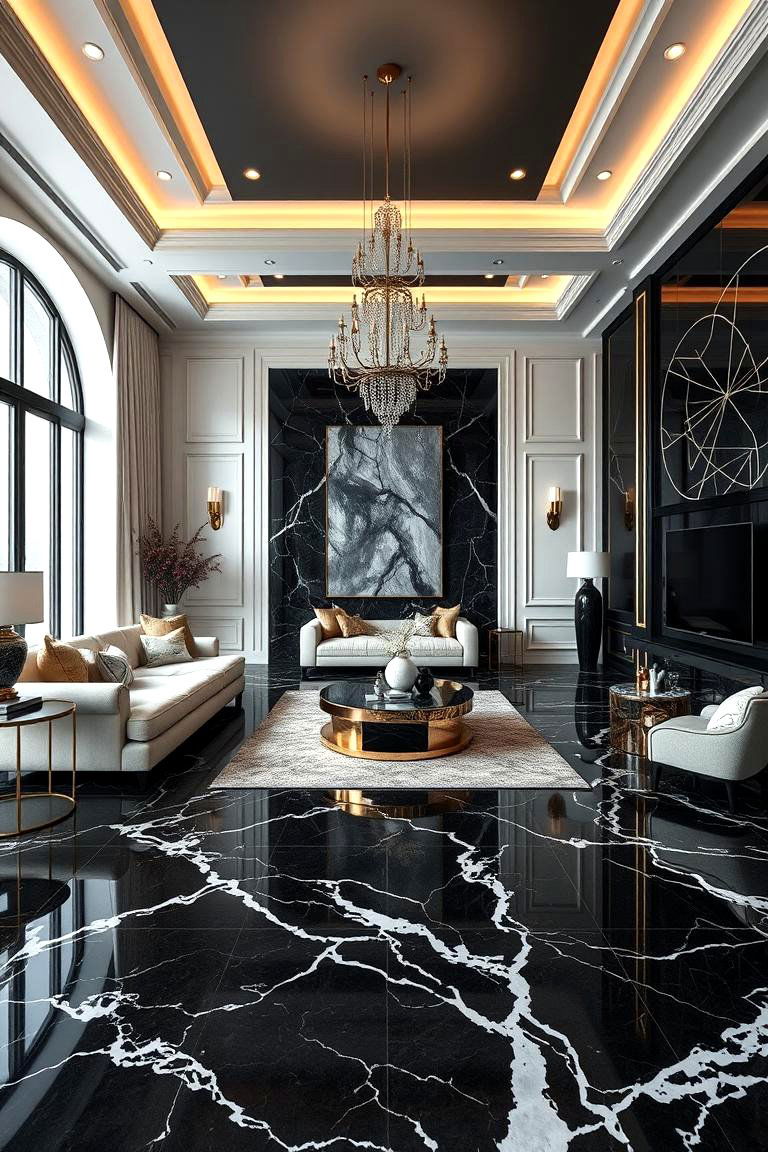 Bold Black Marble for Drama - 25 Marble Floor Living Room Ideas