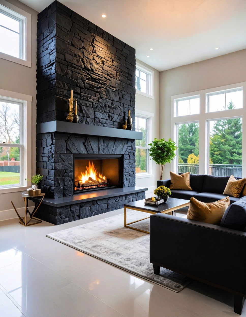 Bold Black Stone Fireplace