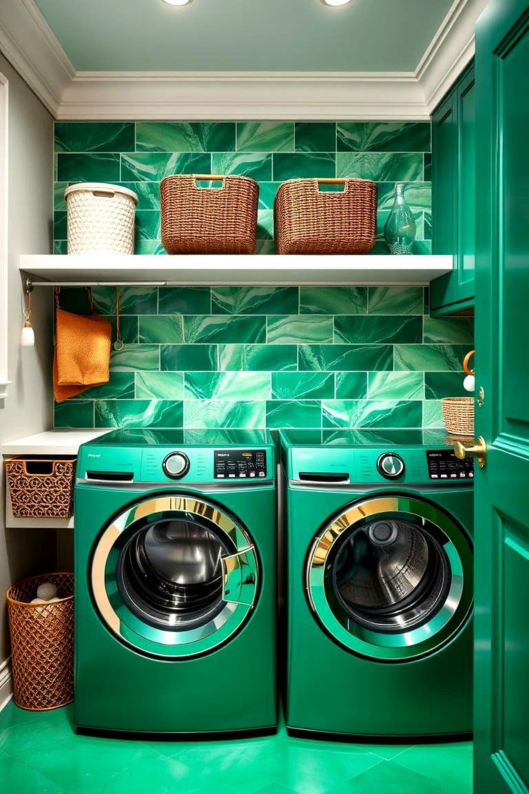 Bold Emerald Accents for Drama - 25 Green Laundry Room Ideas