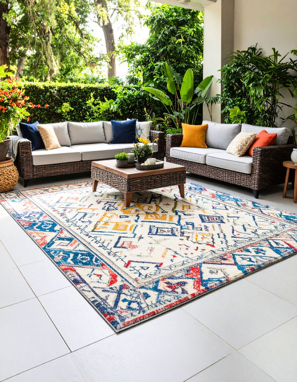 Bold Outdoor Rugs for Color Townhouse Patio Ideas
