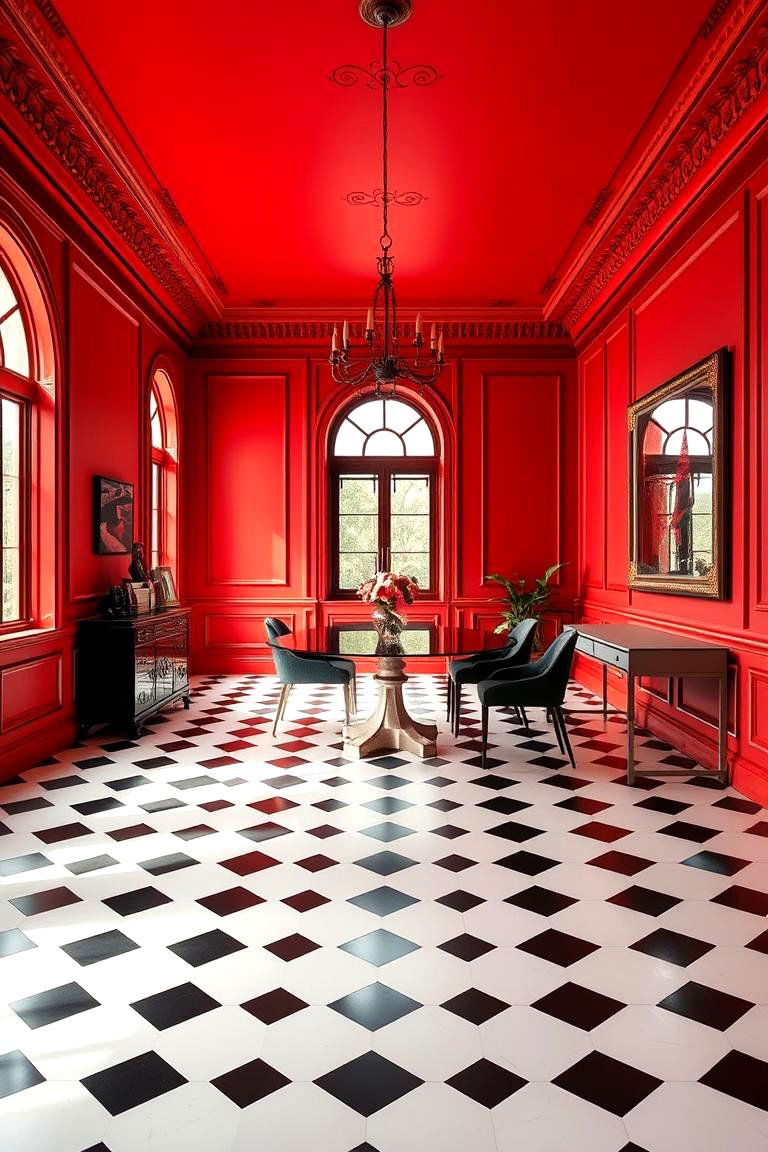 Bold Red Walls with Black and White Floors - 25 Floor and Wall Color Ideas