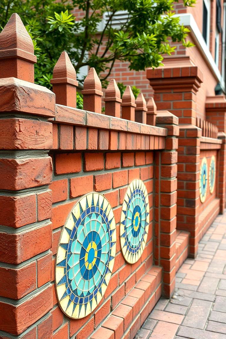 Brick Fence with Mosaic Tiles - 25 Front Yard Brick Fence Ideas